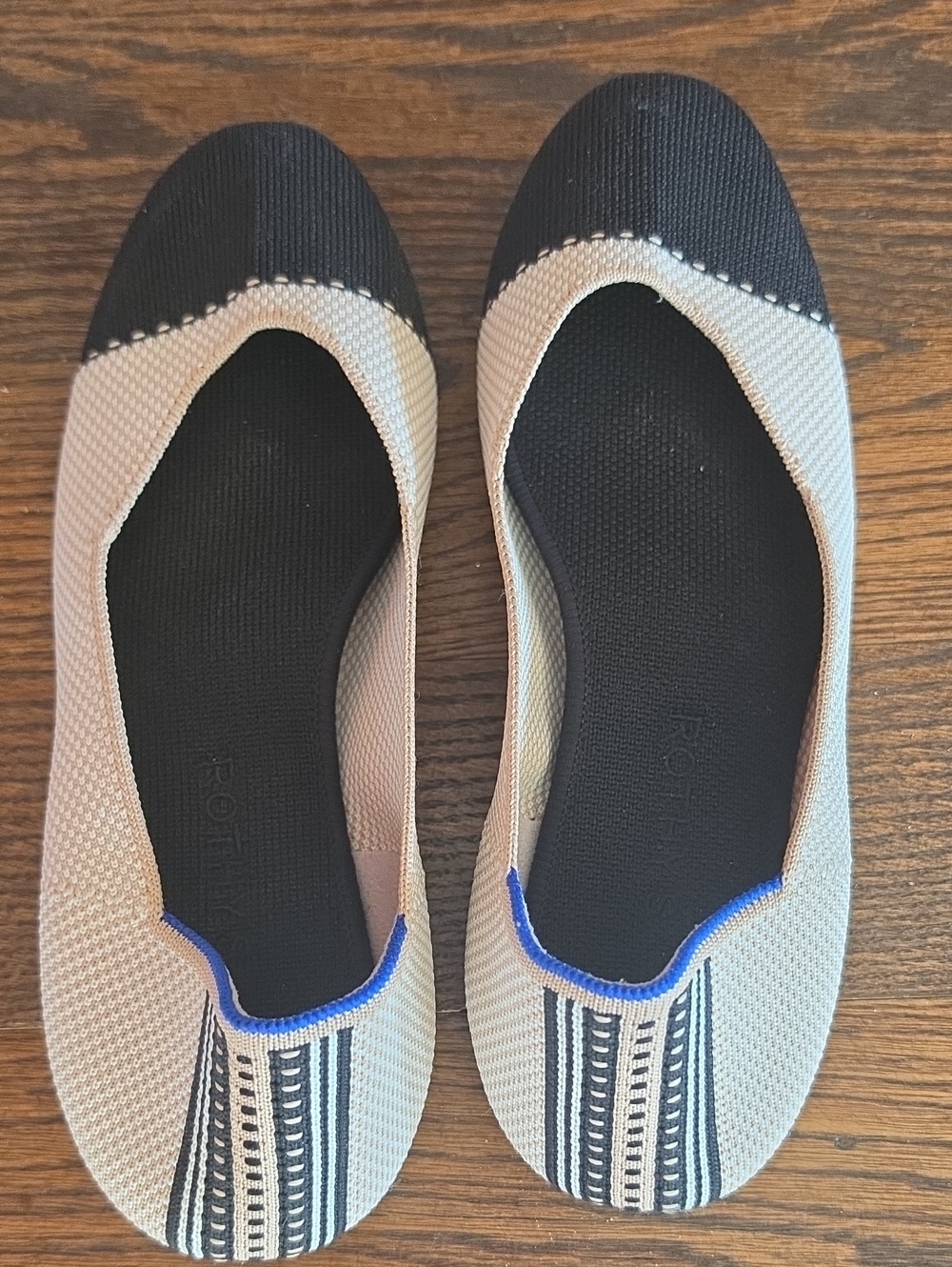 Rothy's Black and Cream Knit Ballet Flats with Blue Trim (These Run ~ .5 Small)